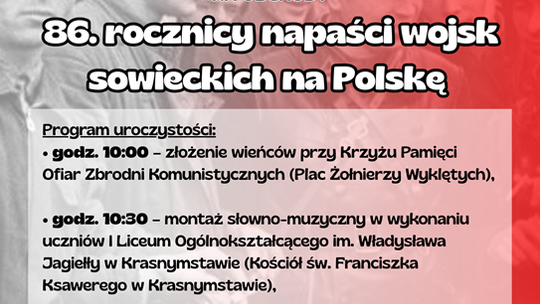 Plakat informuje o obchodach 86. rocznicy napaści wojsk sowieckich na Polskę, które odbeda się 17 września 2025r. w Krasnymstawie