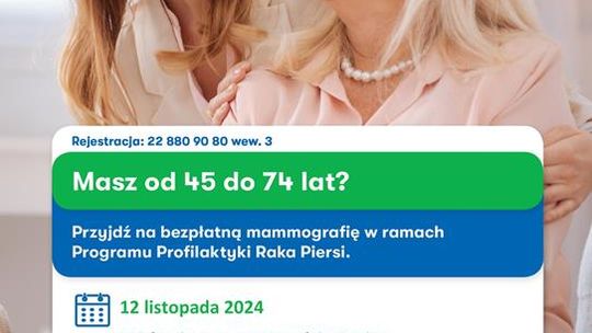 Plakat informuje o bezpłatnych badaniach mammograficznych w Gminie Fajsławice, które odbędą się 12 listopada 2024r., godz. 11:00 - 17:00, przy budynku urzędu gminy