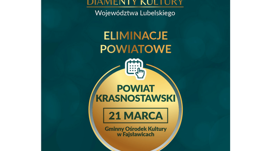 Plakat informuje o konkursie Diamenty Kultury Województwa Lubelskiego 2025, który odbędzie się 21 marca 2026r. w sali widowiskowej Gminnego Ośrodka Kultury w Fajsławicach