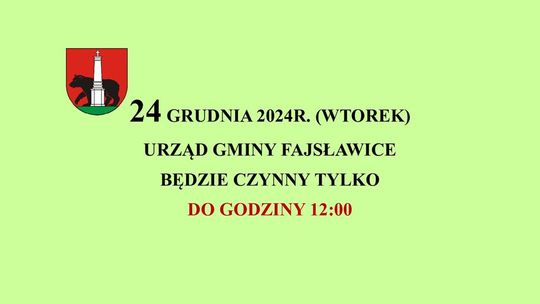 Grafika informuje o skróconych godzinach pracy Urzędu Gminy Fajsławice w dniu 24 grudnia 2024r.