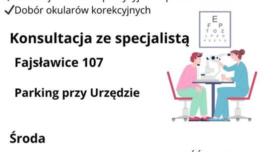 Plakat informuje o bezpłatnym komputerowym badaniu wzroku, które odbędzie się 20 sierpnia 2025r. na parkingu przy budynku Urzędu Gminy Fajsławice