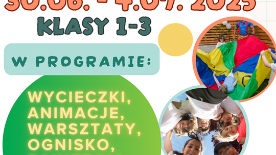 Plakat informuje o Wakacjach z Gminnym Ośrodkiem Kultury w Fajsławicach i Gminną Biblioteką Publiczną w Fajsławicach, które odbędą się od 30 czerwca do 4 lipca 2025r.