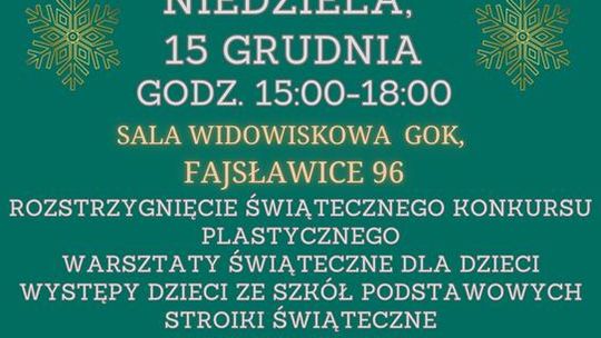 Plakat informuje o Kiermaszu Świątecznym, który odbędzie się 15 grudnia 2024r. o godz. 15:00 w sali widowiskowej Gminnego Ośrodka Kultury w Fajsławicach