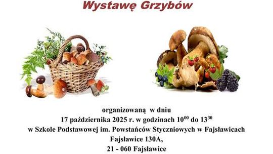 Plakat informuje o wystawie grzybów, która odbedzie się 17 października 2025r. w Szkole Podstawowej im. Powstańców Styczniowych w Fajsławicach