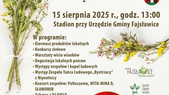 Plakat informuje o wydarzeniu XI Wojewódzkim Święcie Ziół, które odbedzie się 15 sierpnia 2025r. na stadionie przy Urzędzie Gminy Fajsławice
