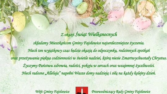 Grafika przedstawia życzenia wielkanocne od Samorządu Gminy Fajsławice dla Mieszkańców Gminy