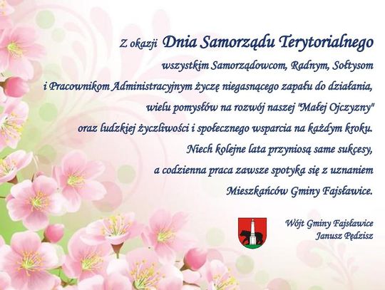 Grafika przedstawia życzenia z okazji Dnia Samorządu Terytorialnego, który przypada na 27 maja