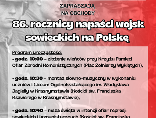 Plakat informuje o obchodach 86. rocznicy napaści wojsk sowieckich na Polskę, które odbeda się 17 września 2025r. w Krasnymstawie
