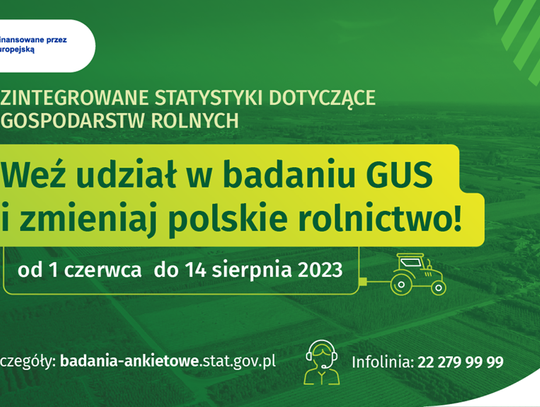 Plakat informuje o badaniach przeprowadzanych przez Główny Urząd Statystyczny dotyczących rolnictwa