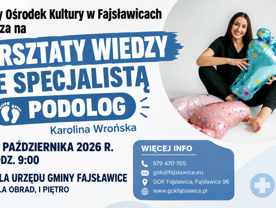 Plakat informuje o „Spotkaniu ze Specjalistą” - PODOLOGIEM, które odbędzie się 22 października 2026r. w Urzędzie Gminy Fajsławice