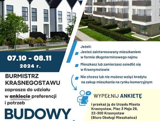 Plakat informuje o zaproszeniu Burmistrza Krasnegostawu do udziału w ankiecie preferencji i potrzeb Budowy Mieszkań w ramach "SIM LUBELSKIE"