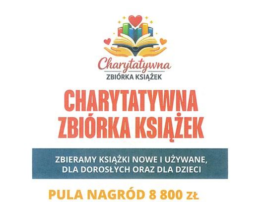 Plakat informuje o charytatywnej zbiórce książek - konkursie dla Kół Gospodyń Wiejskich oraz innych grup formalnych i nieformalnych
