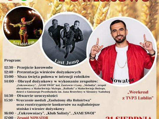 Plakat informuje o Dożynkach Powiatowych, które odbędą się 31 sierpnia 2025 r., w Stadninie Koni Białka