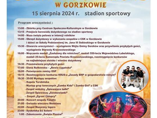 Plakat informuje o dożynkach Powiatowych, które odbędą się 15 sierpnia 2024r. w Gorzkowie