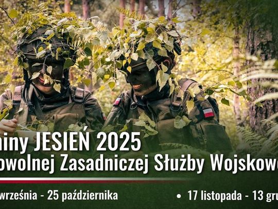 IX turnus Dobrowolnej Zasadniczej Służby Wojskowej Plakat informuje o terminach naboru na szkolenie podstawowe "Dobrowolna Zasadnicza Służba Wojskowa", które są we wrześniu i październiku 2025r.