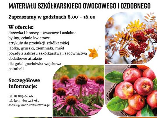 Plakat informuje o Jesiennym Kiermaszu, który odbędzie się 8 października 2023r., w godzinach 8:00-16:00, na Placu Wystawowym LODR w Końskowoli