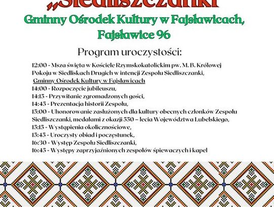 Plakat informuje o Jubileuszu 40-lecia Zespołu Śpiewaczego "Siedliszczanki", który odbędzie się 22 września 2024r. w sali widowiskowej GOK w Fajsławicach