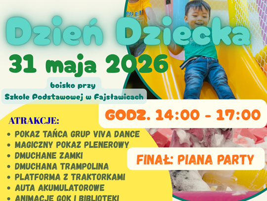 Plakat informuje o Dniu Dziecka, który odbędzie się 31 maja 2026r. przy Szkole Podstawowej w Fajsławicach