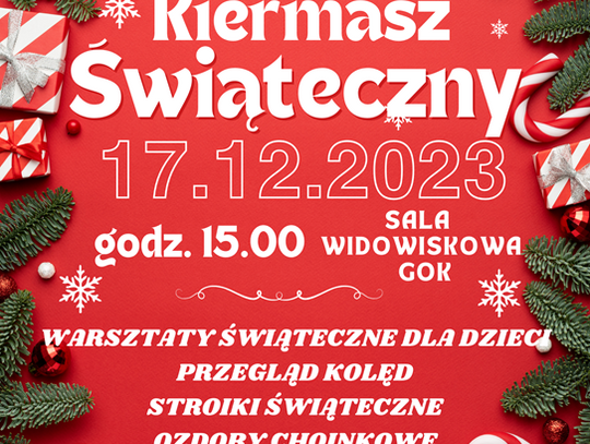 Plakat informuje o Kiermaszu Świątecznym, który odbędzie się 17 grudnia 2023r. o godzinie 15:00 w sali widowiskowej Gminnego Ośrodka Kultury w Fajsławicach