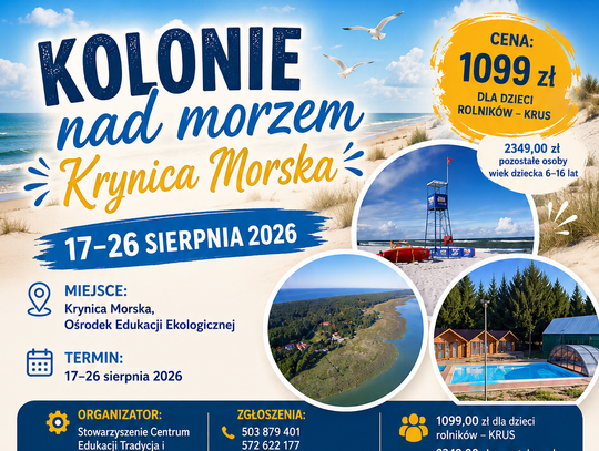Plakat informuje o ofercie kolonii nad morzem dla dzieci i młodzieży z rodzin rolniczych w Krynicy Morskiej w terminie 17-26 sierpnia 2026r.