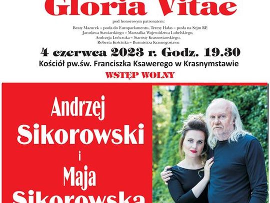 Plakat informuje o KONCERCIE GLORIA VITAE, który odbedzie się 4 czerwca 2023r., o godz. 19:30 w Kościele pw. św. Franciszka Ksawerego w Krasnymstawie