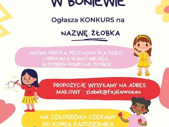 Plakat informuje o Konkursie na nazwę Gminnego Żłobka w Boniewie