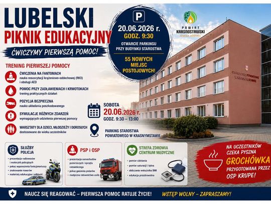 Plakat informuje o Lubelskim Pikniku Edukacyjnym, który odbędzie się 20 czerwca 2026r. na parkingu Starostwa Powiatowego w Krasnymstawie