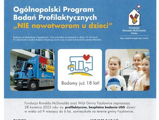 Plakat informuje o bezpłatnych badaniach USG dzieci, które odbęda się 28 kwietnia 2023r. na prakingu przy budynku Urzędu Gminy Fajsławice