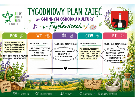 Grafika przedstawia Tygodniowy Plan Zajęć w Gminnym Ośrodku Kultury w Fajsławicach obowiązujący od 1 września 2026r.