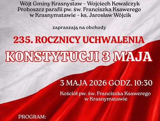 Plakat informuje o powiatowych obchodach Święta Konstytucji 3 Maja, które odbędą się 3 maja 2026r. w Krasnymstawie