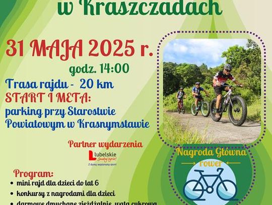 Plakat informuje o wydarzeniu "Rowerowy Dzień Dziecka w Kraszczadach", który odbedzie się 31 maja 2025r. przy Starostwie Powiatowym w Krasnymstawie