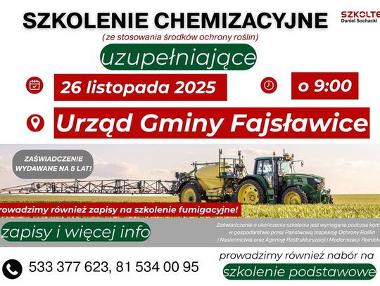 Plakat informuje o szkoleniu chemizacyjnym dla rolników, które odbędzie się 26 listopada 2025r. w sali obrad Urzędu Gminy Fajsławice
