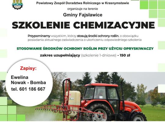 Szkolenie chemizacyjne dla rolników Plakat informuje o zapisach na szkolenie chemizacyjne organizowane na terenie Gminy Fajsławice