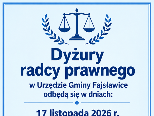 Plakat informuje o terminach dyżurów radcy prawnego w Urzędzie Gminy Fajsławice w listopadzie 2026r.