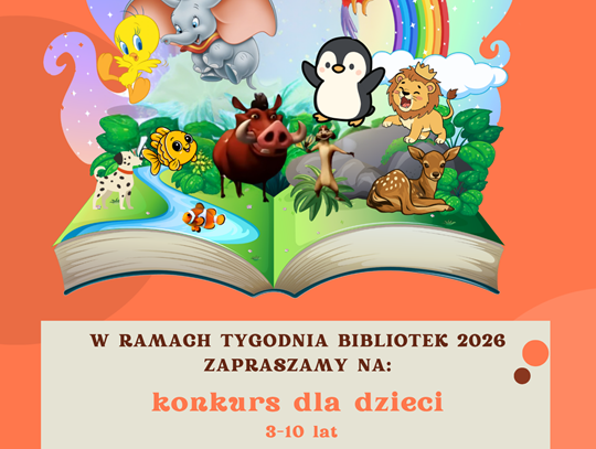 Tydzień Bibliotek 2026 – zapraszamy do udziału w konkursach Plakat informuje o konkursie organizowanym przez Gminną Bibliotekę Publiczną w Fajsławicach