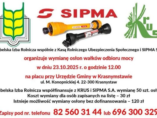 Plakat informuje o akcji wymiany osłon wałków odbioru mocy, która odbędzie się 23 października 2025r. na placu przy Urzędzie Gminy w Krasnymstawie