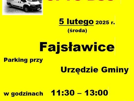 Plakat informuje o bezpłatnych badaniach wzroku, które odbędą się 5 lutego 2024r. na parkingu przy budynku urzędu gminy w Fajsławicach