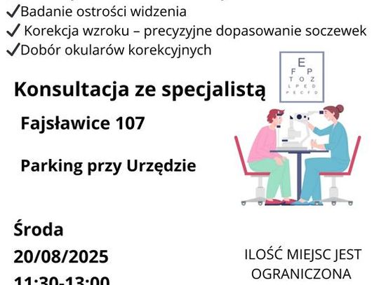 Plakat informuje o bezpłatnym komputerowym badaniu wzroku, które odbędzie się 20 sierpnia 2025r. na parkingu przy budynku Urzędu Gminy Fajsławice