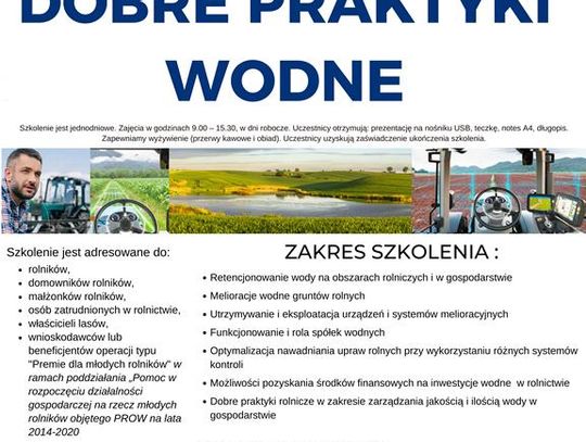 Plakat informuje o szkoleniu dla rolników "Dobre praktyki wodne"