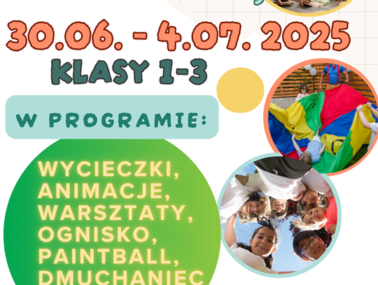 Plakat informuje o Wakacjach z Gminnym Ośrodkiem Kultury w Fajsławicach i Gminną Biblioteką Publiczną w Fajsławicach, które odbędą się od 30 czerwca do 4 lipca 2025r.