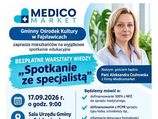 Plakat informuje o bBezpłatnych warsztatach wiedzy „Spotkanie ze specjalistą”, które odbędzie się 17 września 2026r. w Urzędzie Gminy Fajsławice