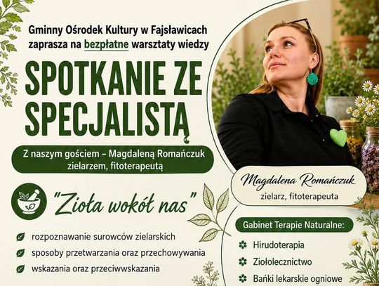 Plakat informuje o bezpłatnych warsztatach wiedzy „Spotkanie ze specjalistą”, które odbędą się 24 września 2026r. w sali obrad Urzędu Gminy Fajsławice
