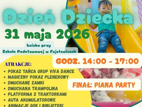 Plakat informuje o Dniu Dziecka, który odbędzie się w Gminie Fajsławice 31 maja 2026r.