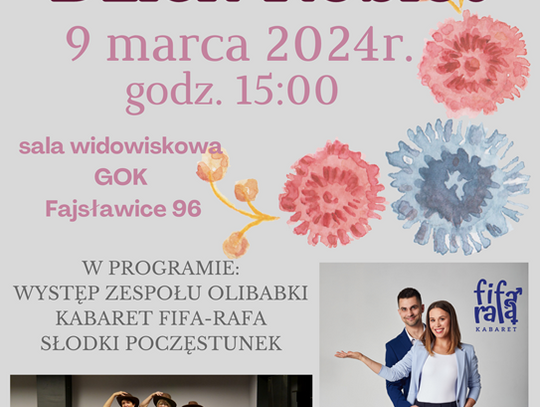 Plakat informuje o spotkaniu z okazji Dnia Kobiet, które odbedzie się 9 marca 2024r. o godzinie 15:00 w sali widowiskowej Gminnego Ośrodka Kultury w Fajsławicach, Fajsławice 96