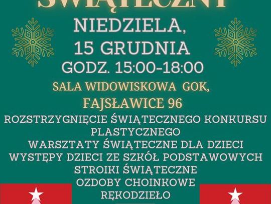 Plakat informuje o Kiermaszu Świątecznym, który odbędzie się 15 grudnia 2024r. o godz. 15:00 w sali widowiskowej Gminnego Ośrodka Kultury w Fajsławicach