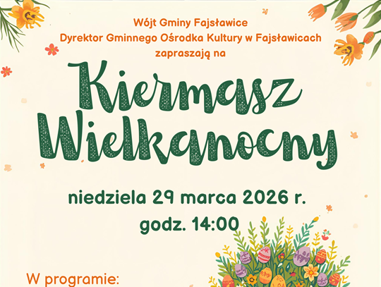 Plakat informuje o Kiermaszu Wielkanocnym, który odbędzie się 29 marca 2026r. w Gminnym Ośrodku Kultury w Fajsławicach