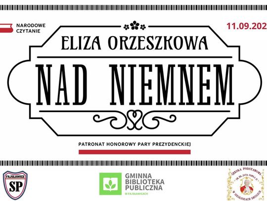 Plakat informuje o akcji Narodowego Czytania, która odbędzie się 11 września 2023r. o godzinie 10:00 na skwerku przy budynku Gminnego Ośrodka Kultury w Fajsławicach, Fajsławice 96