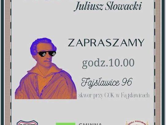 Plakat informuje o akcji Narodowego Czytania, która odbedzie się 20 wrzesnia 2024r. o godz. 10:00 na skwerku przy Gminnym Ośrodku Kultury w Fajsławicach