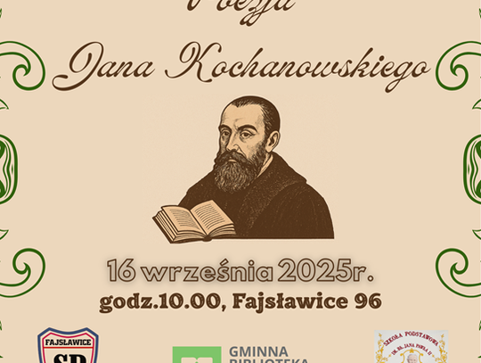 Plakat informuje wydarzeniu Narodowe Czytanie, które odbędzie się 16 września 2025r. w sali widowiskowej Gminnego Ośrodka Kultury w Fajsławicach