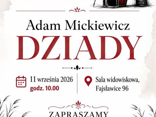 Plakat informuje o akcji Narodowego Czytania, która odbędzie się 11 września 2026r. w sali widowiskowej Gminnego Ośrodka Kultury w Fajsławicach